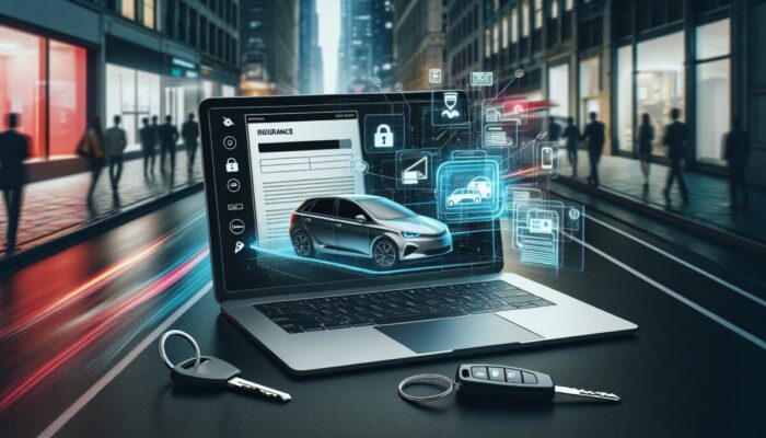 A laptop displaying car insurance information sits on a reflective table, where a digital hologram of a car and online insurance icons hover above the keyboard. Two car keys lie beside it. The backdrop reveals a blurred urban street scene bustling with people and buildings.